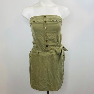 Bebe Sz 3 Olive Green 100% Silk Strapless Dress